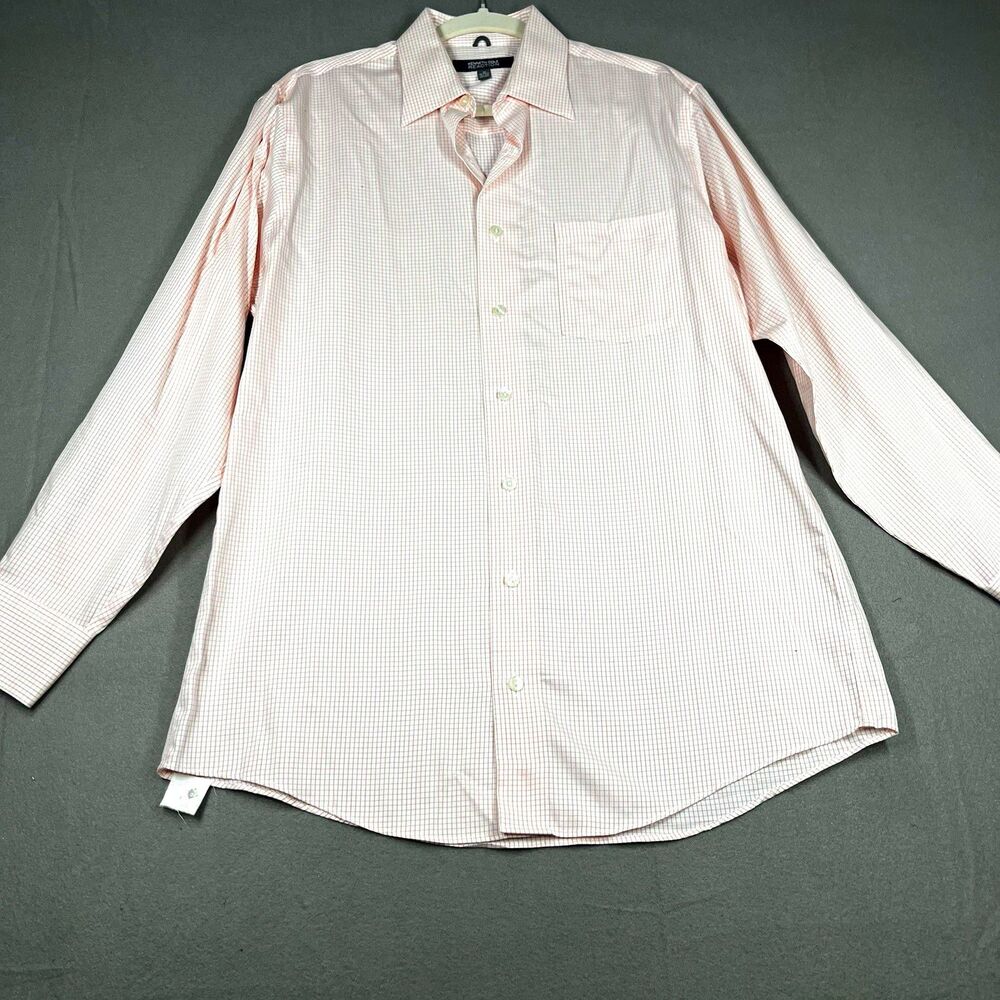 Kenneth Cole Reaction Mens 15-15 1/2 32-33 Regular Fit Non-Iron Pink Check